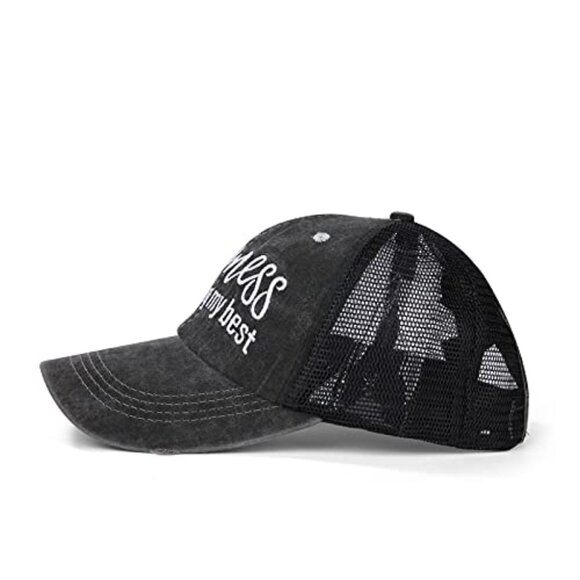 Criss Cross Ponytail Baseball Cap Mesh Back Distressed Trucker Hat Adjustable